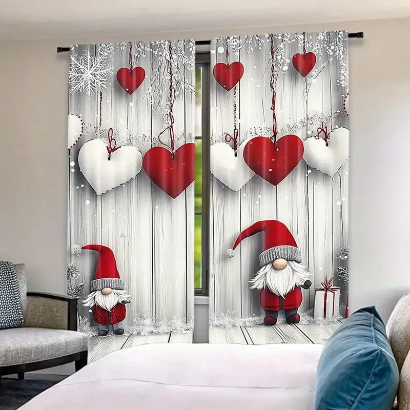 2pcs - Christmas Festival Christmas Winter Festival Dwarf pattern printed curtains, home decoration, room decoration