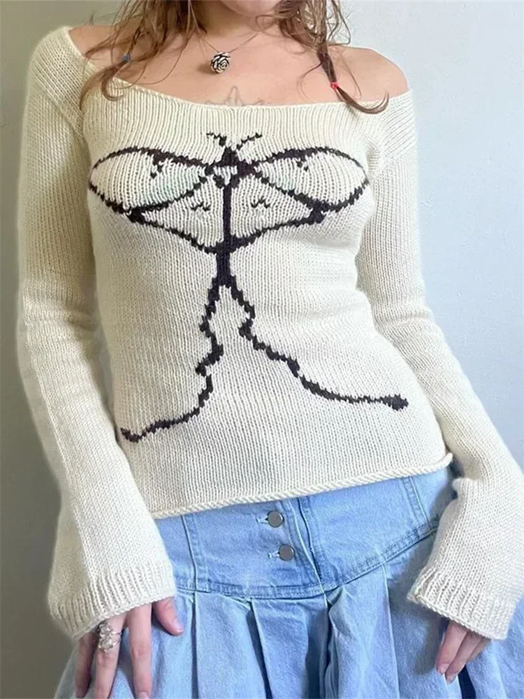 سترة نسائية متماسكة بدون أكتاف سترة نحيفة مطبوعة برسومات جرافيك وأكمام طويلة ملابس تريكو ربيع الخريف Y2K ملابس شارع جمالية