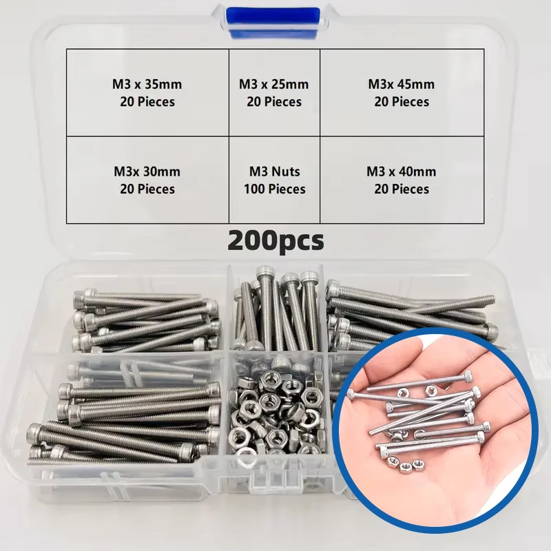 200-Piece Set of M3 x 25–50 mm Stainless Steel Hex Socket Head Cap Screws, Screws, and Nuts