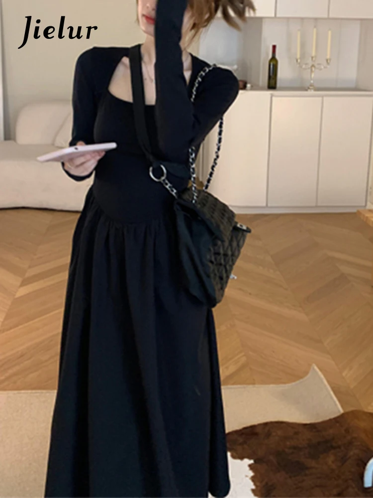 

Jielur French New Autumn Black Slim Waist Chiffon Women's Dresses Basic Simple Casual Solid Color Long Sleeves Female Dress Grey