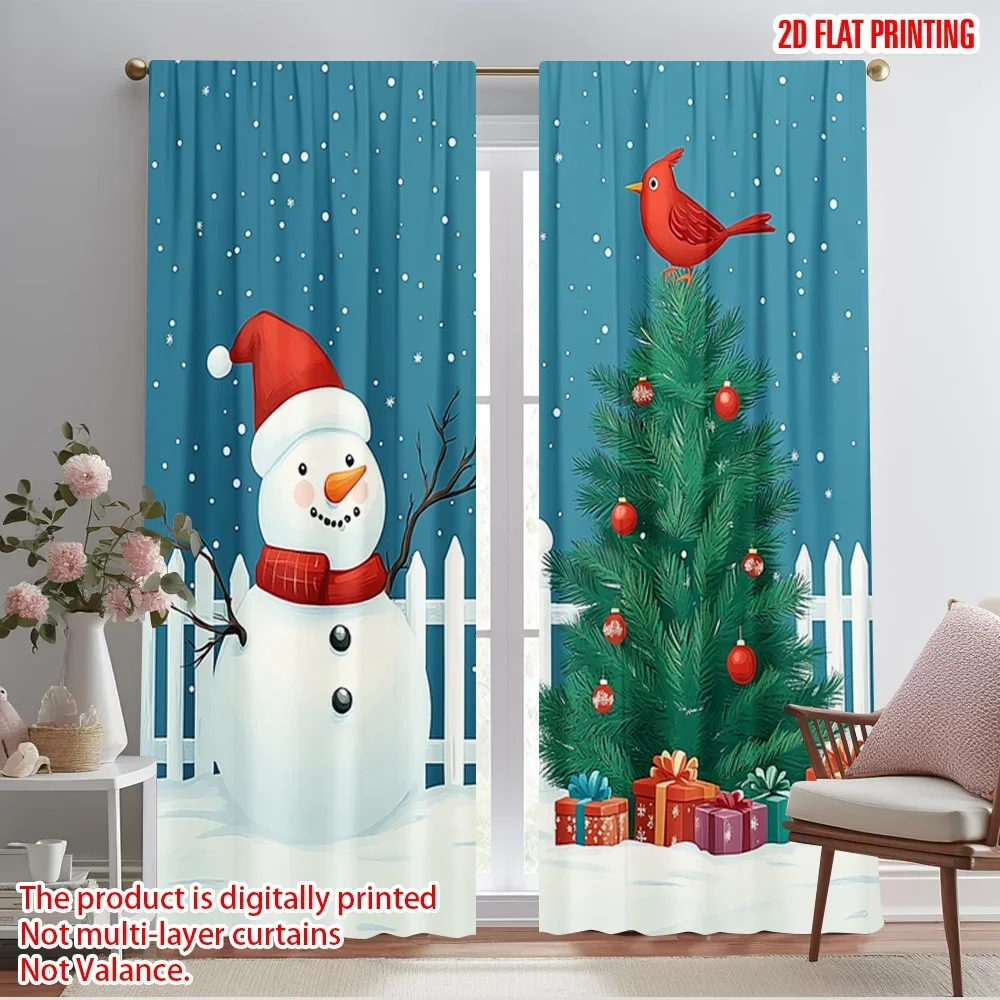 2pcs,2D plane printing Minimalist Curtains Cute Snowman Cardinal Christmas Tree Versatile Polyester (without rod) Gifts Use for