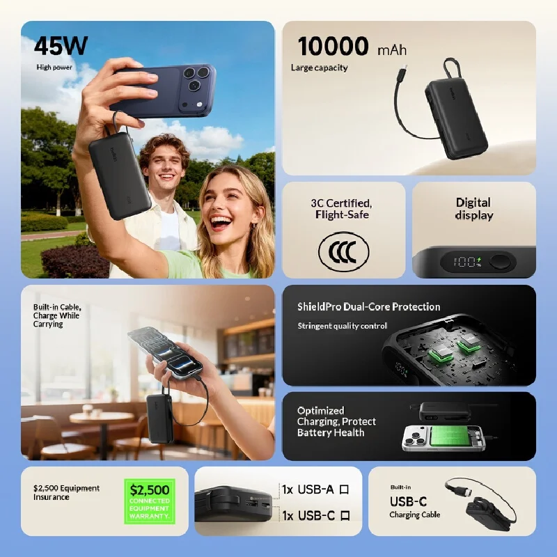 Belkin Portable Power Bank 45W Fast Charge 10000mAh Built In USB C Cable 3C Certified Digital Display Travel Suitable For Iphone