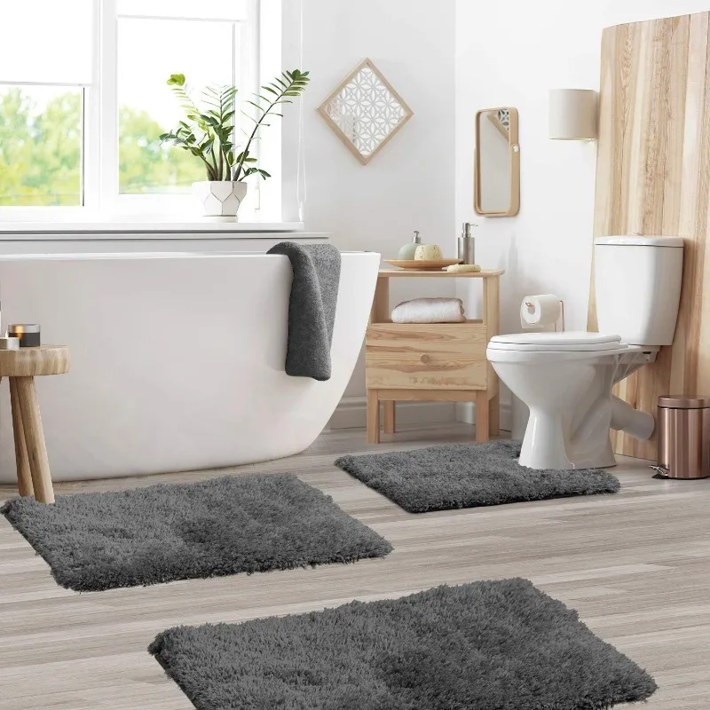 Bathroom Rugs Sets 3 Piece, Shaggy Plush Bath Mat - Non-Slip, Machine Washable Bath Rugs - Dries Quickly, Ultra Soft