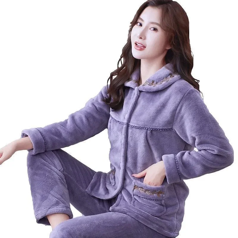 Women New Autumn Winter Flannel Pajamas Loose Simple Solid Color Loungewear Coral Fleece Sleepwear High-end Warm Homewear Set