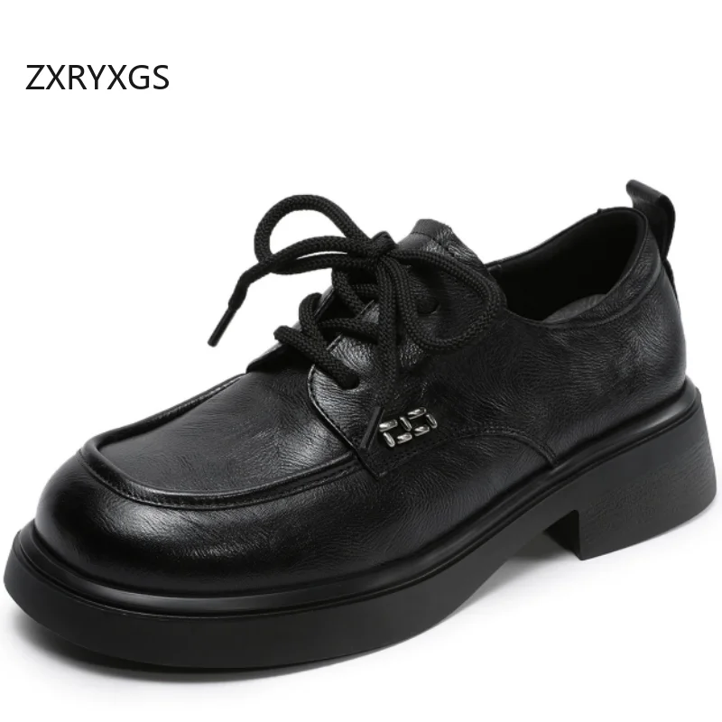 

Женские туфли ZXRYXGS в британском стиле из натуральной коровьей кожи на толстом среднем каблуке, популярная новинка весны 2026, на шнуровке, черные