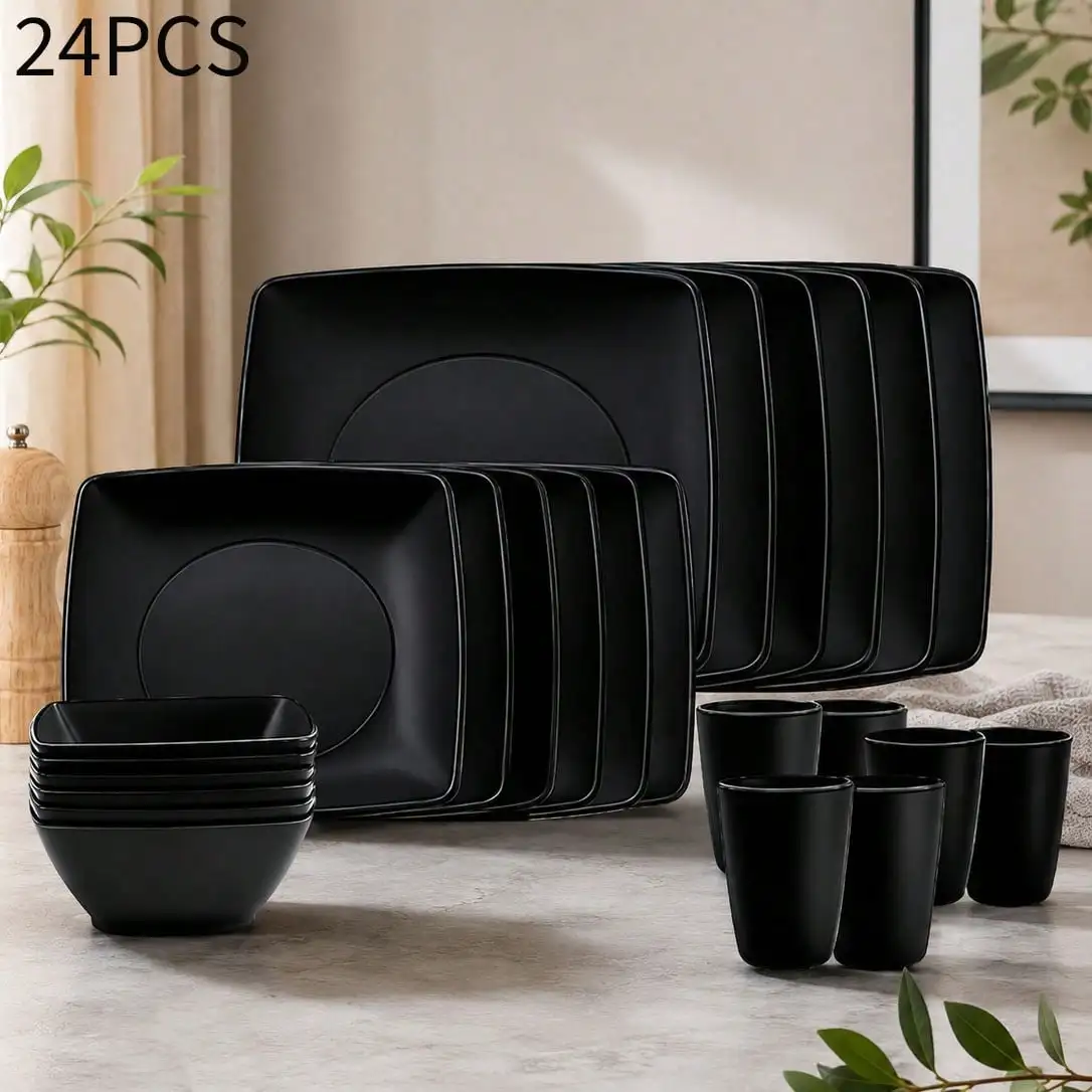 16/24-Piece Full Set of Black Tableware Including Bowls, Plates, and Cups—Microwave- and Dishwasher-Safe, Reusable, Stackable; I