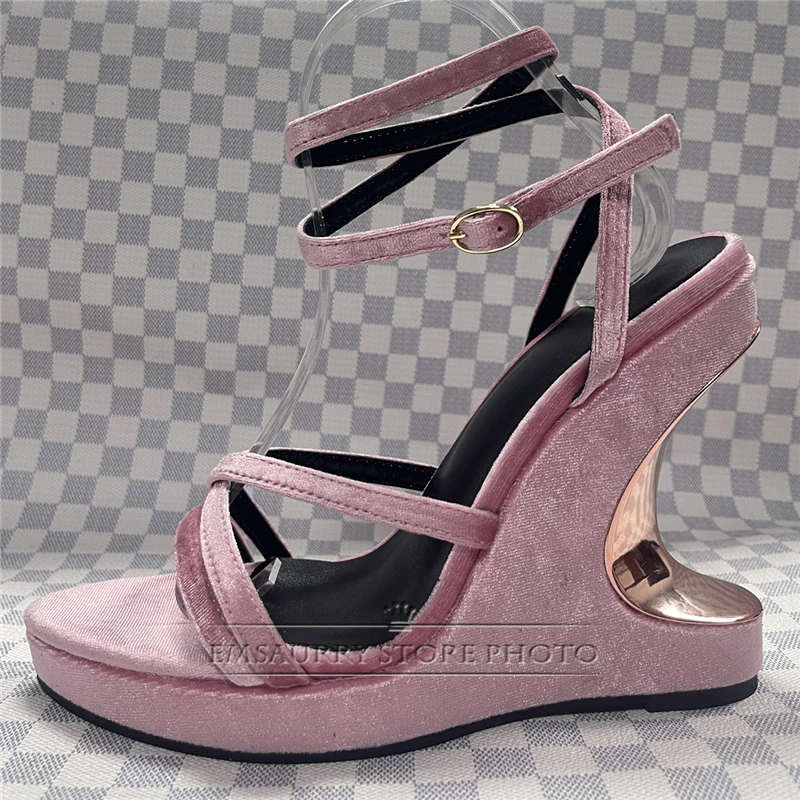 Luxury Velvet High Wedges Modern Sandals Women Sexy Narrow Band Ankle Strappy Fretwork Heel Platform Summer Shoes