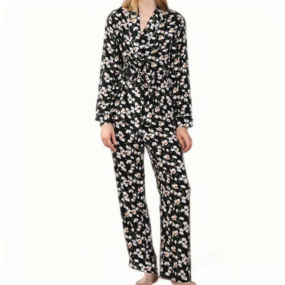 

Women's Sleepwear, Autumn And Winter Floral Sleeved Nightgown, Long Pants, Home Wear Set