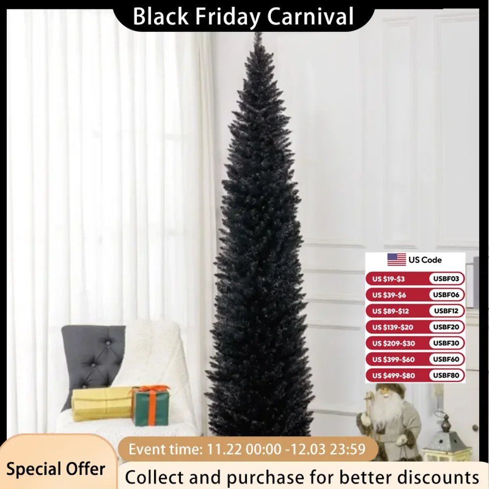 The 8-foot-tall artificial Christmas tree comes in a slim pencil style, with 618 branches adding a lush look to the tree