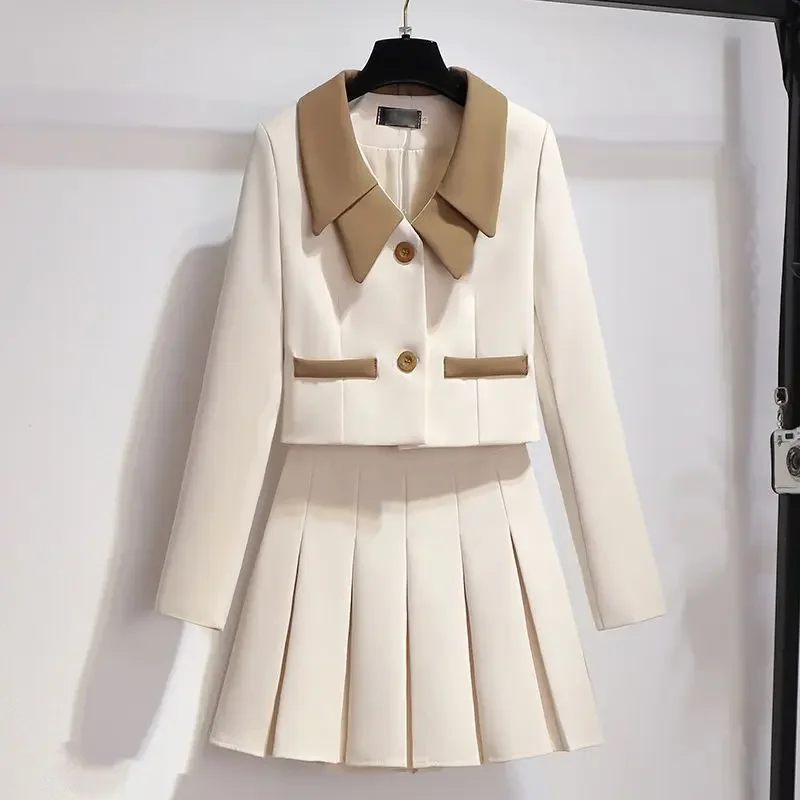 Mini saia feminina e terno de blazer de manga comprida, roupa bege, conjuntos curtos de 2 peças, verão, conjunto de 2 peças, moda, co ord, 2024