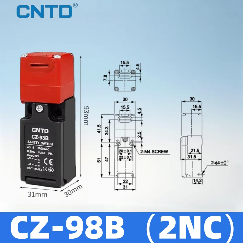CNTD CZ-93 Series Safety Door Interlock Switch Key Operated 1NO+1NC AC-15 3A 250V IP65 Positive Opening K1 K2 K3 Key Options CE