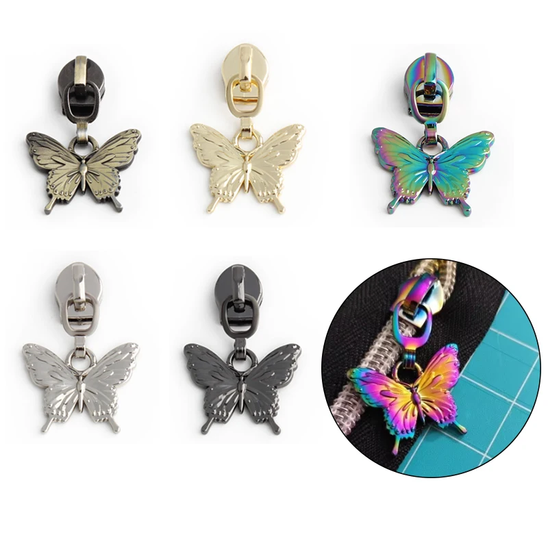 6PCS Color-Retaining Electric Butterfly Shape 5# Zipper Slider Wallet Metal Replaceable Puller Sewing Repairer DIY Crafts