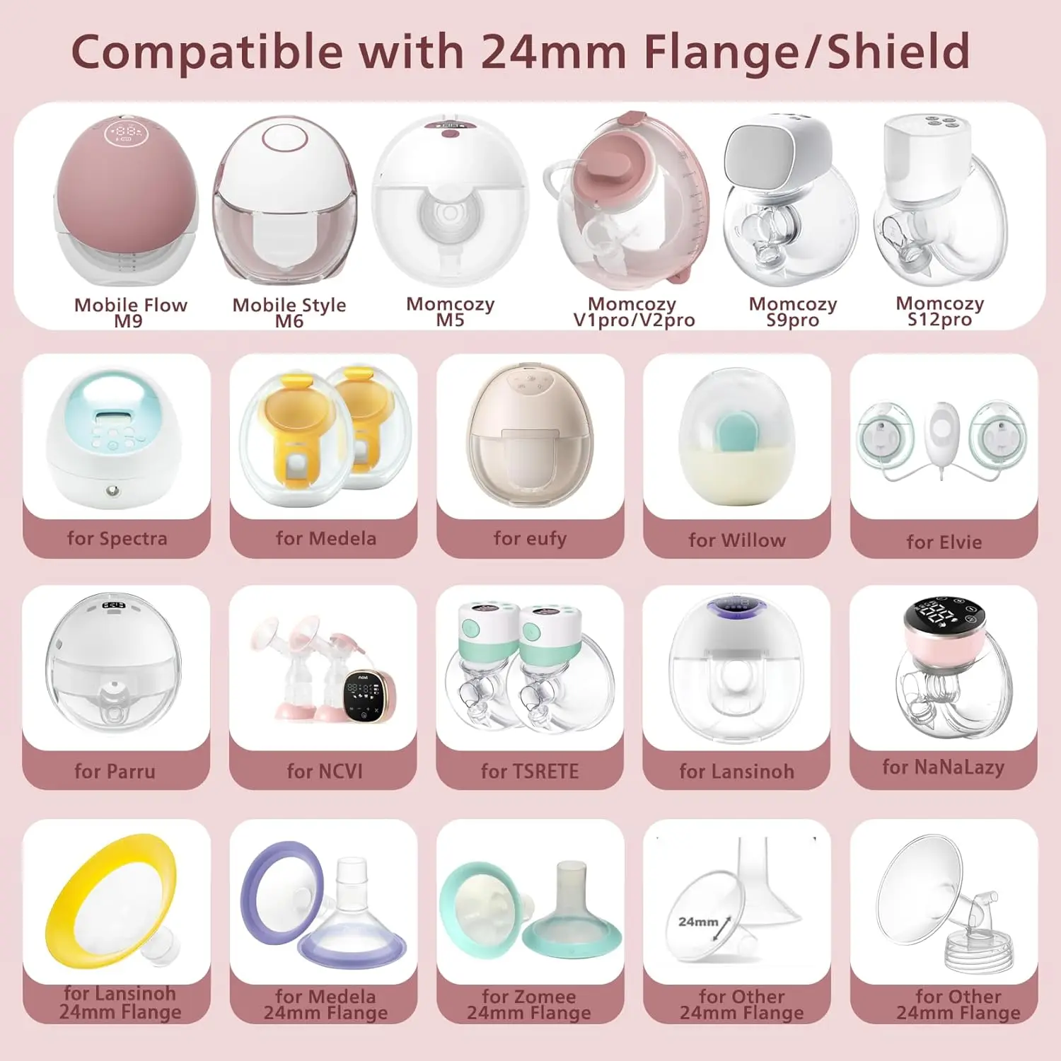 Silicone Flange Inserts 13/15/17/19/21mm Compatible with Momcozy S12pro/S9 pro, for TSRETE/Spectra/Medela 24mm Shield/Flanges