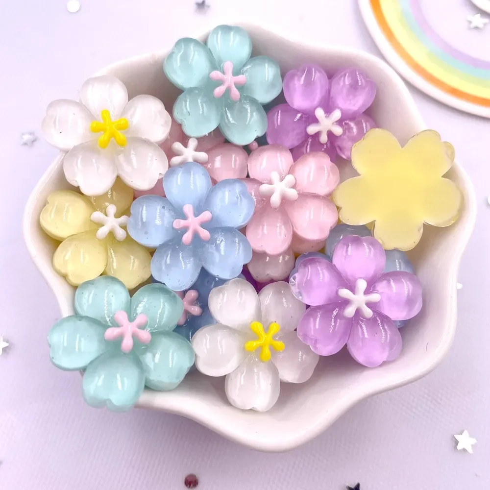 10PCS Resin Kawaii Colorful Glitter Cherry Blossoms Flatback Stone Flower buttons Scrapbooks DIY Bow Crafts Decor Accessories