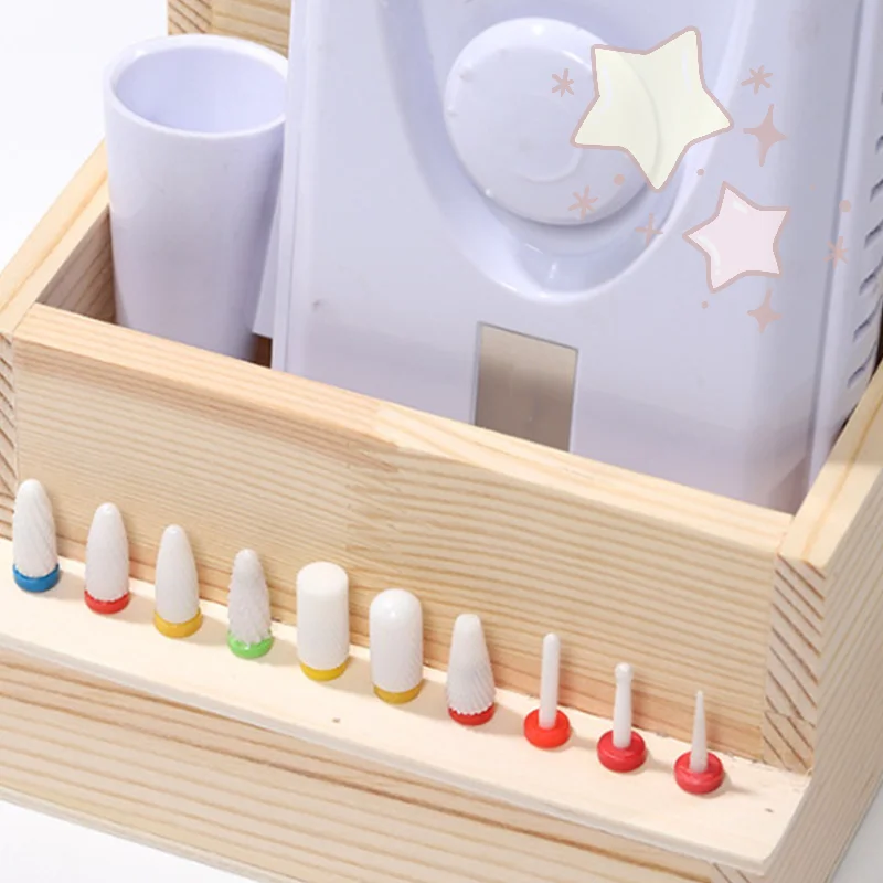 لقم آلة حفر الأظافر، حامل خشبي، ملحقات فنية للتدريب، صندوق عرض أدوات مانيكير DIY