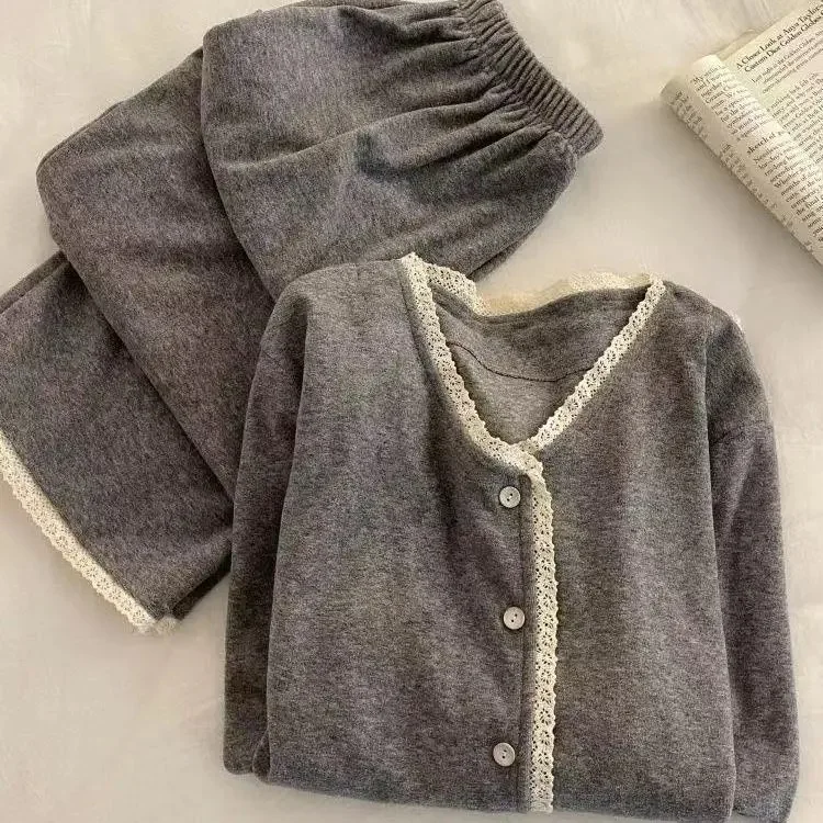 Women Pajamas Women V-Neck Spring Autumn Teen Student Chiba Collar Long-Sleeve Long Pants Pajama Set Women Clothing Pajamas