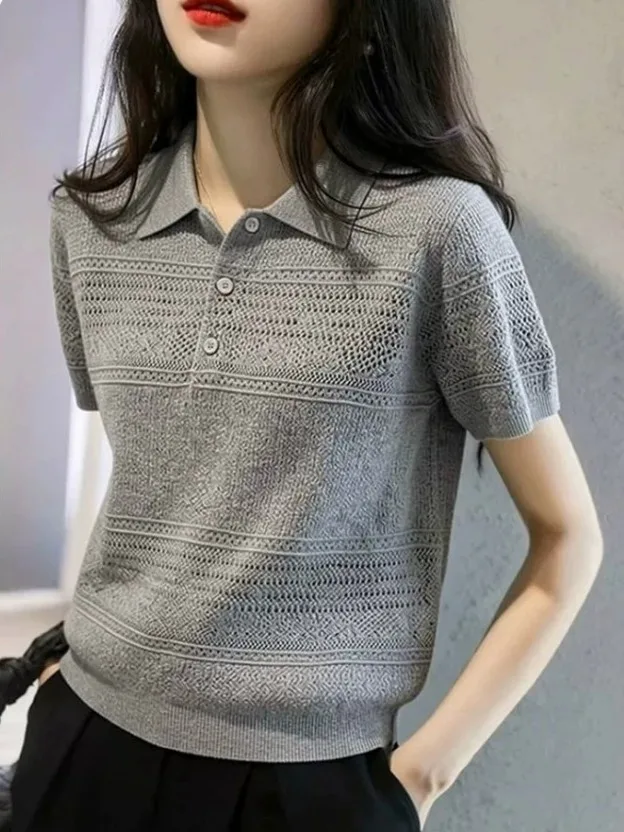 Oule Simple Casual Style Women's Short Sleeve Knitted Shirt Stand Collar Slimming Versatile Design Sense Top