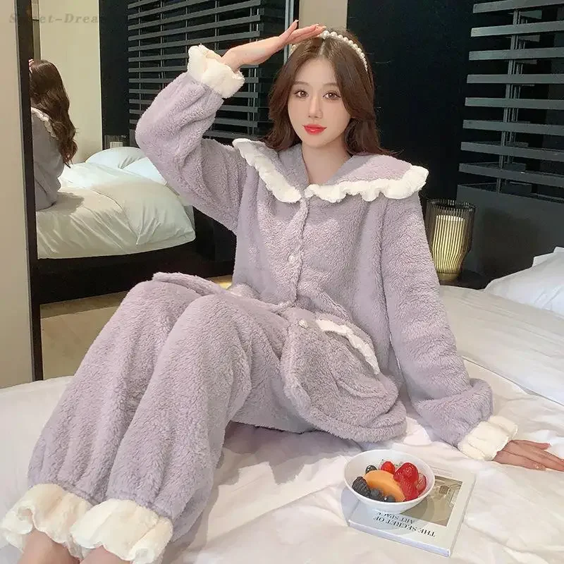 Épaissi chaud filles pyjamas maison vêtements français doux vêtements de nuit en vrac décontracté vêtements de nuit vêtements de détente hiver nouveau Pijama Mujer