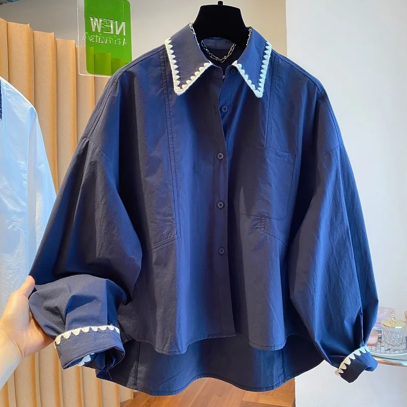 Autumn Loose Long-sleeved Shirt New 2025 Contrasting Color Lace Stitching Lapel Shirt Top