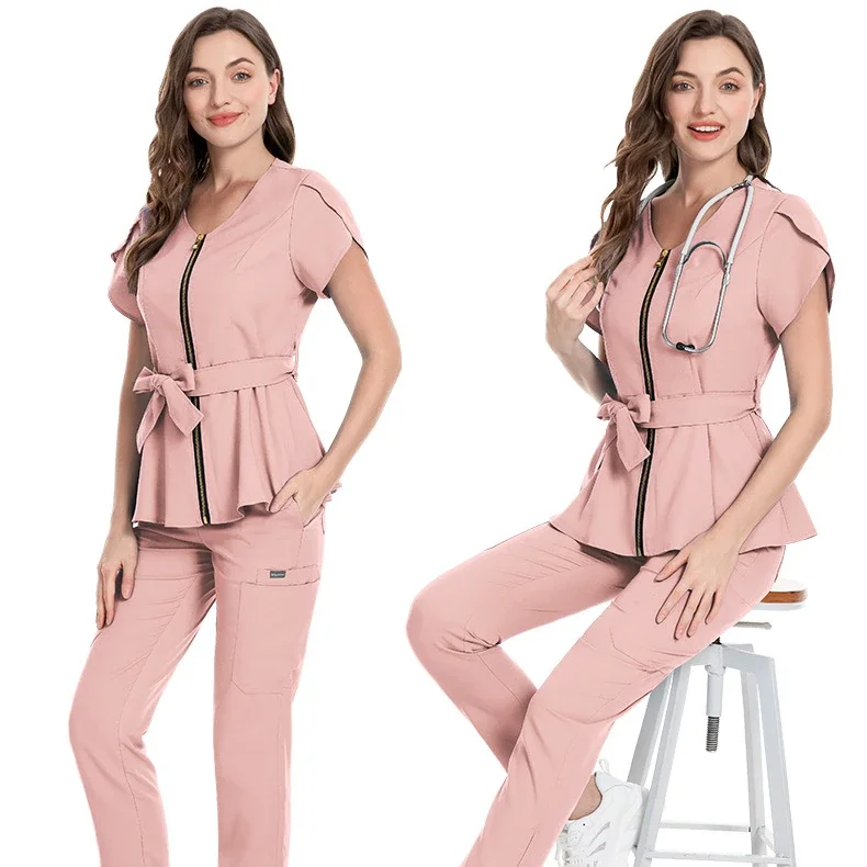 

Customizable LOGO Women Scrubs set zipper collar beauty clothes wrinkle medical uniforms soft comfortable fashion nurse workwear