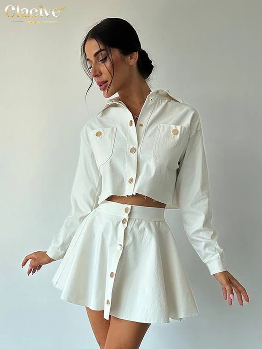 Clacive Fashion Loose White Cotton 2 Piece Sets Women Outfit 2025 Elegant Long Sleeve Crop Top With High Waist Mini Skirt Set