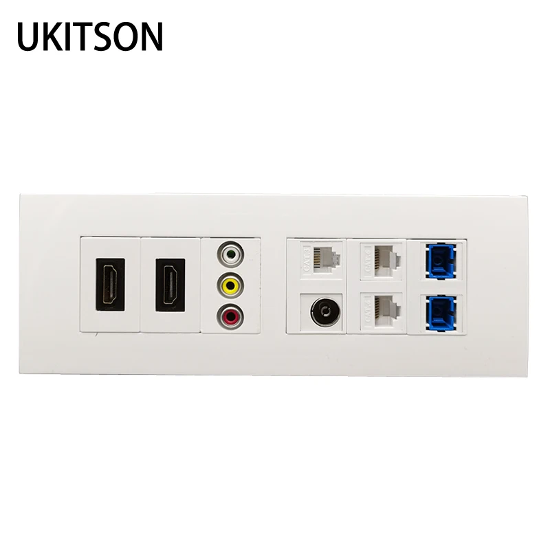 

Wall Panel 2xHDMI RCA Audio Video Plug RJ11 Phone Analog ATV Dual CAT6 RJ45 LAN SC-SC UPC Optical Fiber Socket White Faceplate