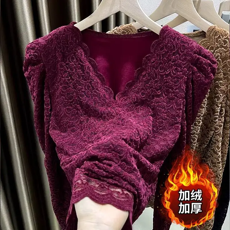 Woman Lace Fleece Tshirt Sexy V-Neck Thickened Slim Collect Waist Pullover Fashion Splice long sleeves no fleece Undershirt Tops