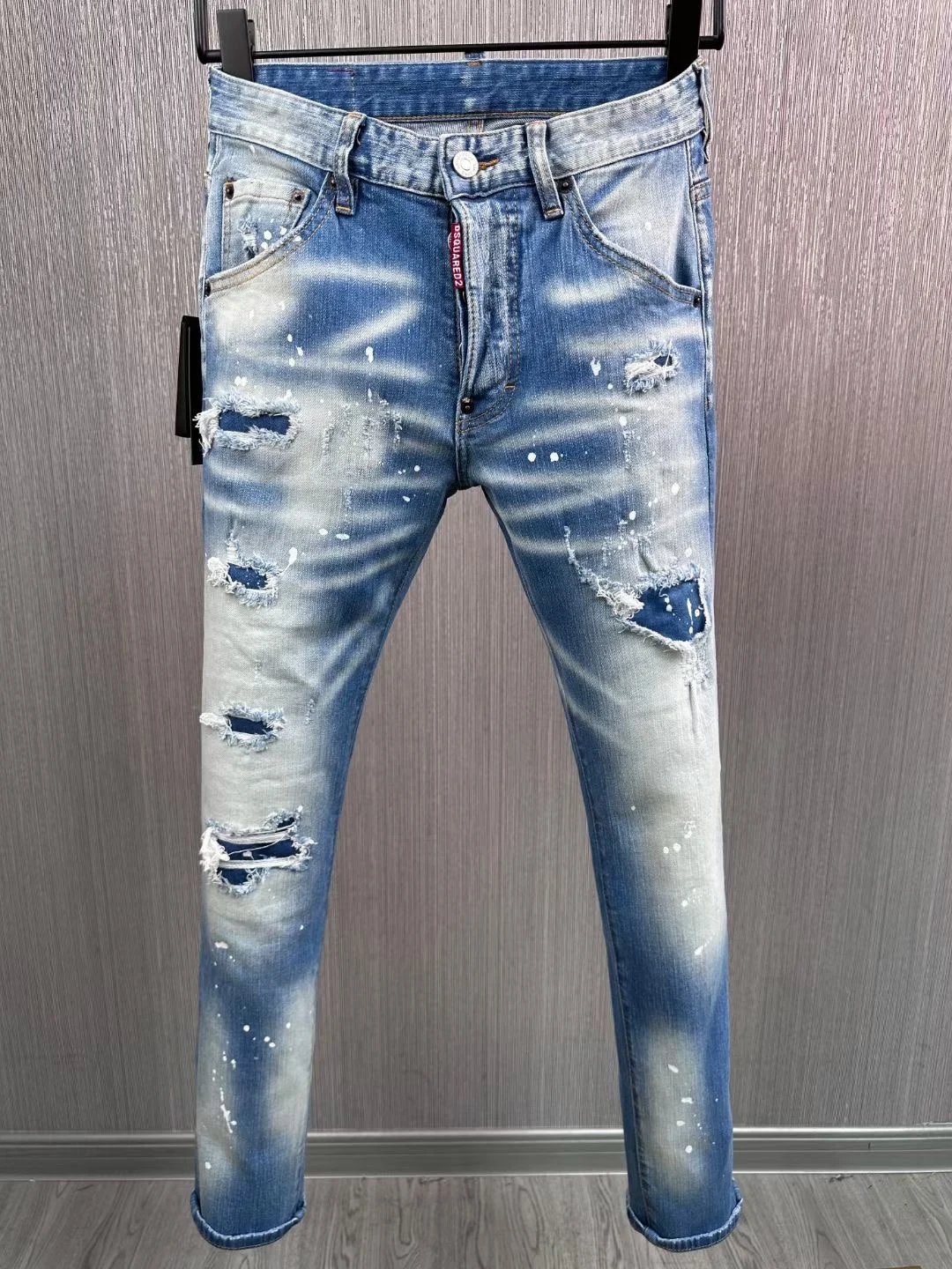 

Men's Slim Fit Jeans Casual Waed Ripped Patchwork Trendy Long Pants mid Waist Cotton Denim Youth ular Spring Summer