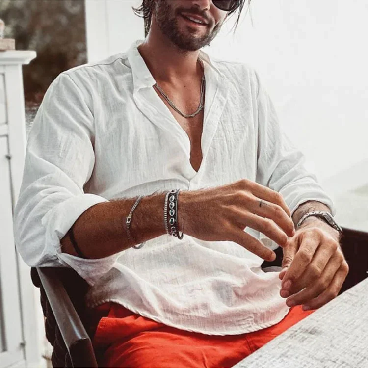 Men's casual stand-up collar door tube solid color long-sleeved shirt WISH bamboo cotton shirt
