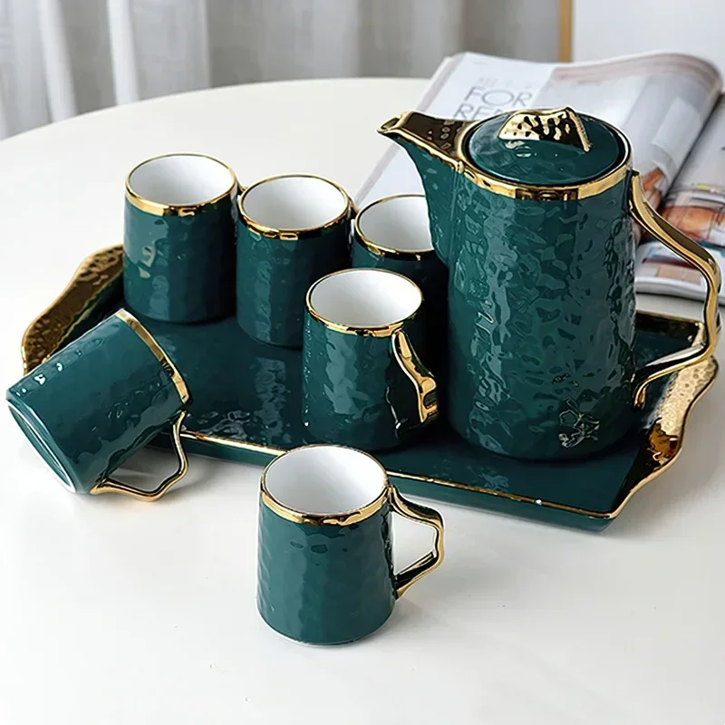 Coffee Set Porcelain Green 1Pot 6Cups 1Tray Phnom Tea Set Handle Ceramic Coffee Teapot Mug Coffeeware Wedding Gift Drinkware