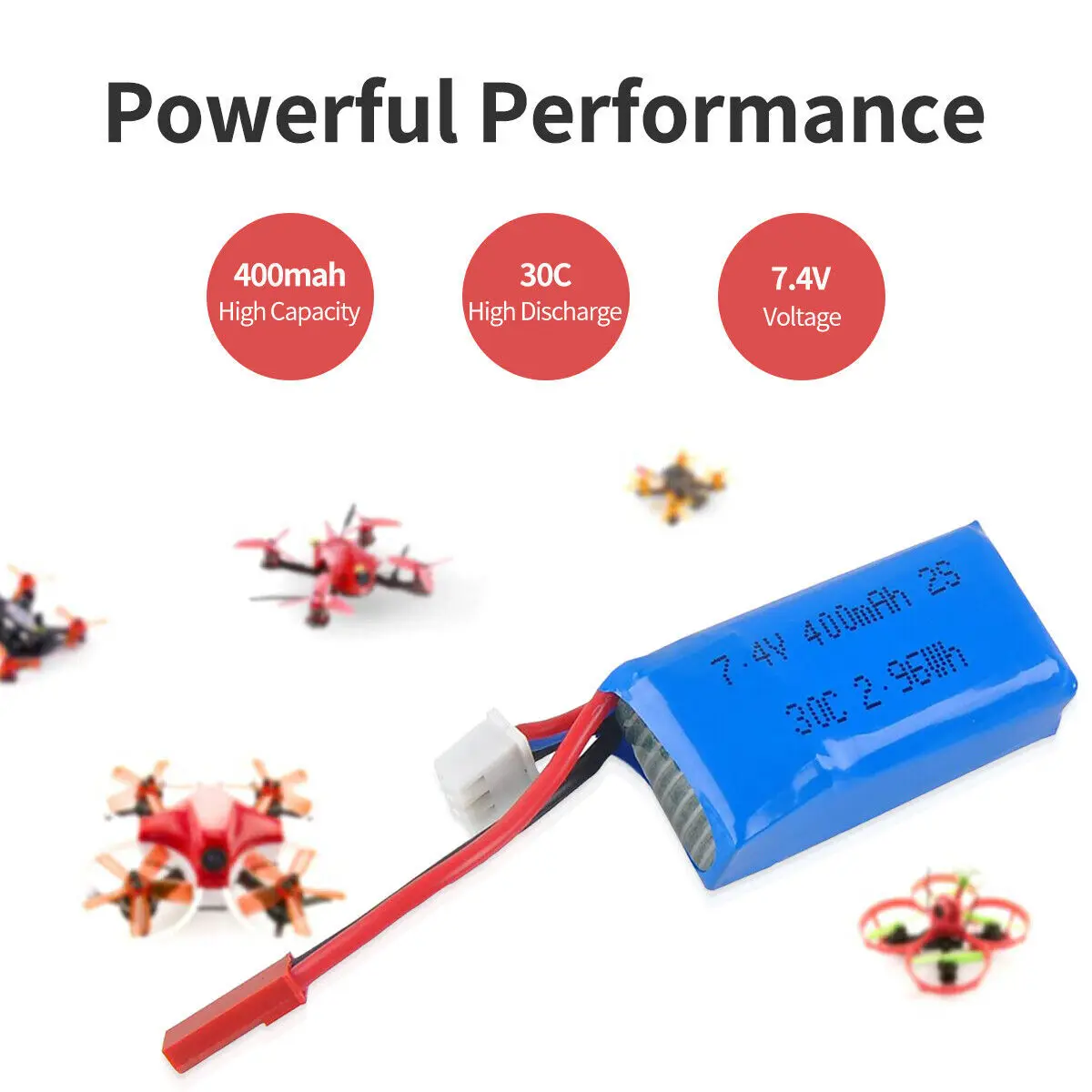 2pcs 400mAh 2S 7.4V 30C LiPo Battery Pack W/ JST Plug for Micro FPV Racing Drone
