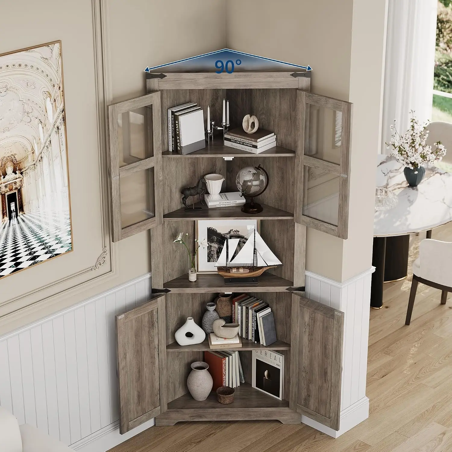 Tall Corner Storage Cabinet with Lights, Farmhouse Hutch Display, Glass Doors, Wood Organizer for Kitchen Living Room, Washed Grey view 6