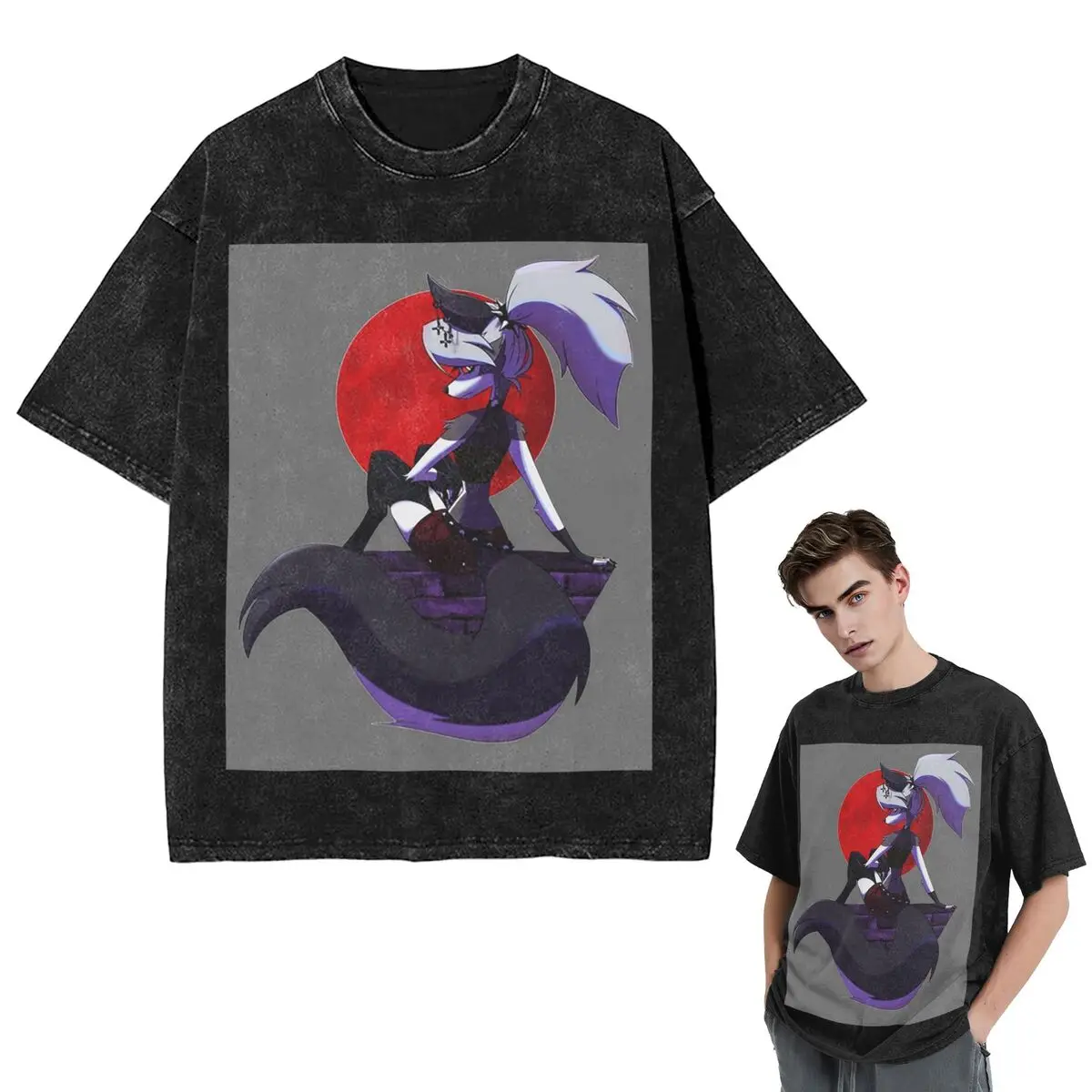 Streetwear T-Shirts Helluva Boss Loona Washed T Shirt Short Sleeve Hip Hop T-Shirt Tops Tees for Men Women