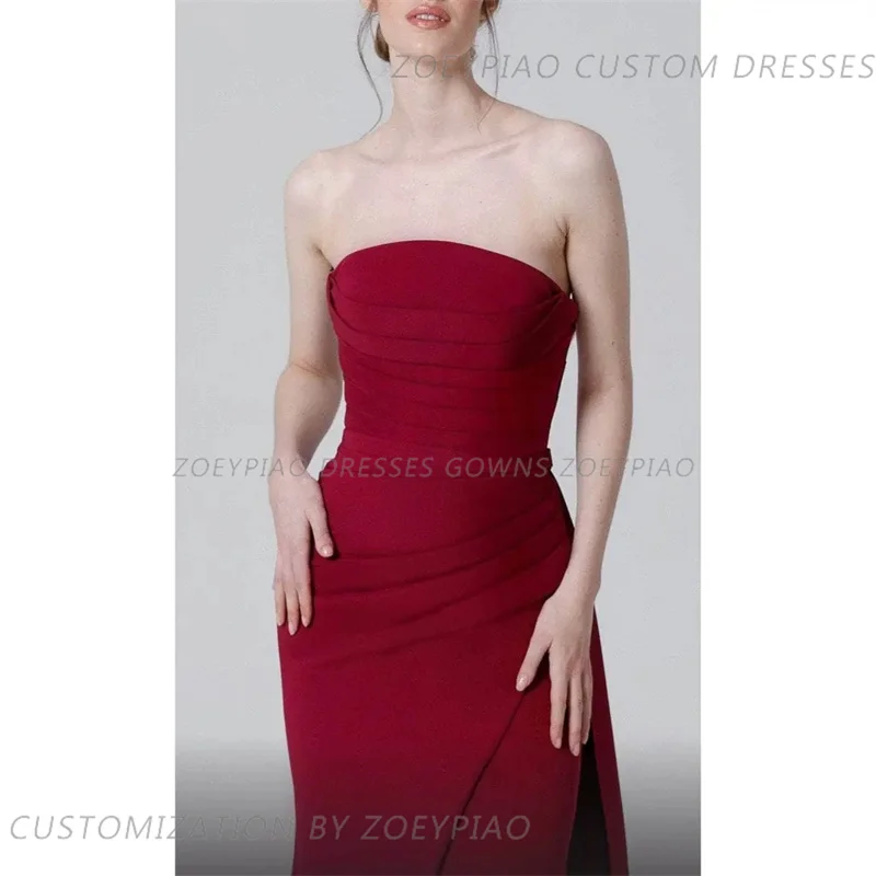 Wine Red Long Side Slit Satin Prom Dress Strapless Dubai Party Gown Long vestidos de graduación Mermaid Arabic robes quinceanera