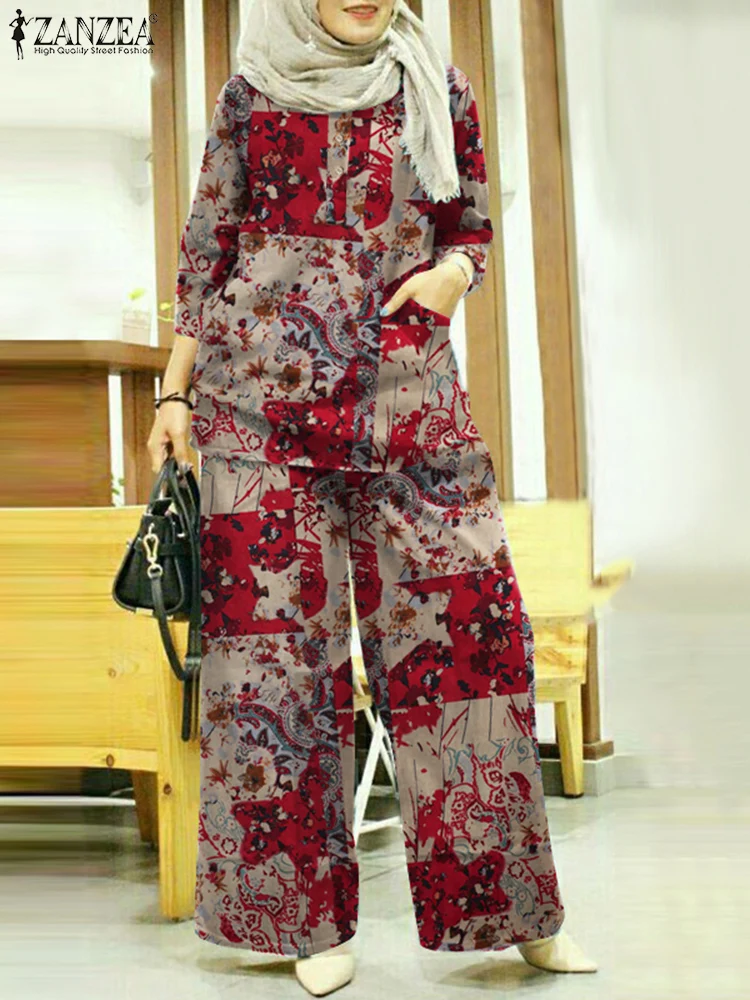 ZANZEA Vintage Women Muslim Sets Spring Floral Printed Pants Sets 2PCS Summer 3/4 Sleeve Blouse Trousers Suits Islamic Clothing