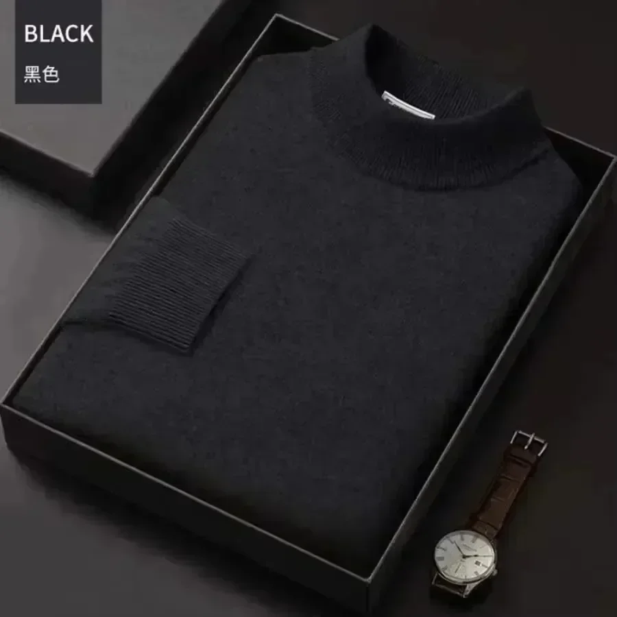 New 2025 Men's Mock Collar 100% Pure Woolen Sweater Tops Autumn Winter Cashmere Sweater Men Pullover Knitted Warm Sweater Male