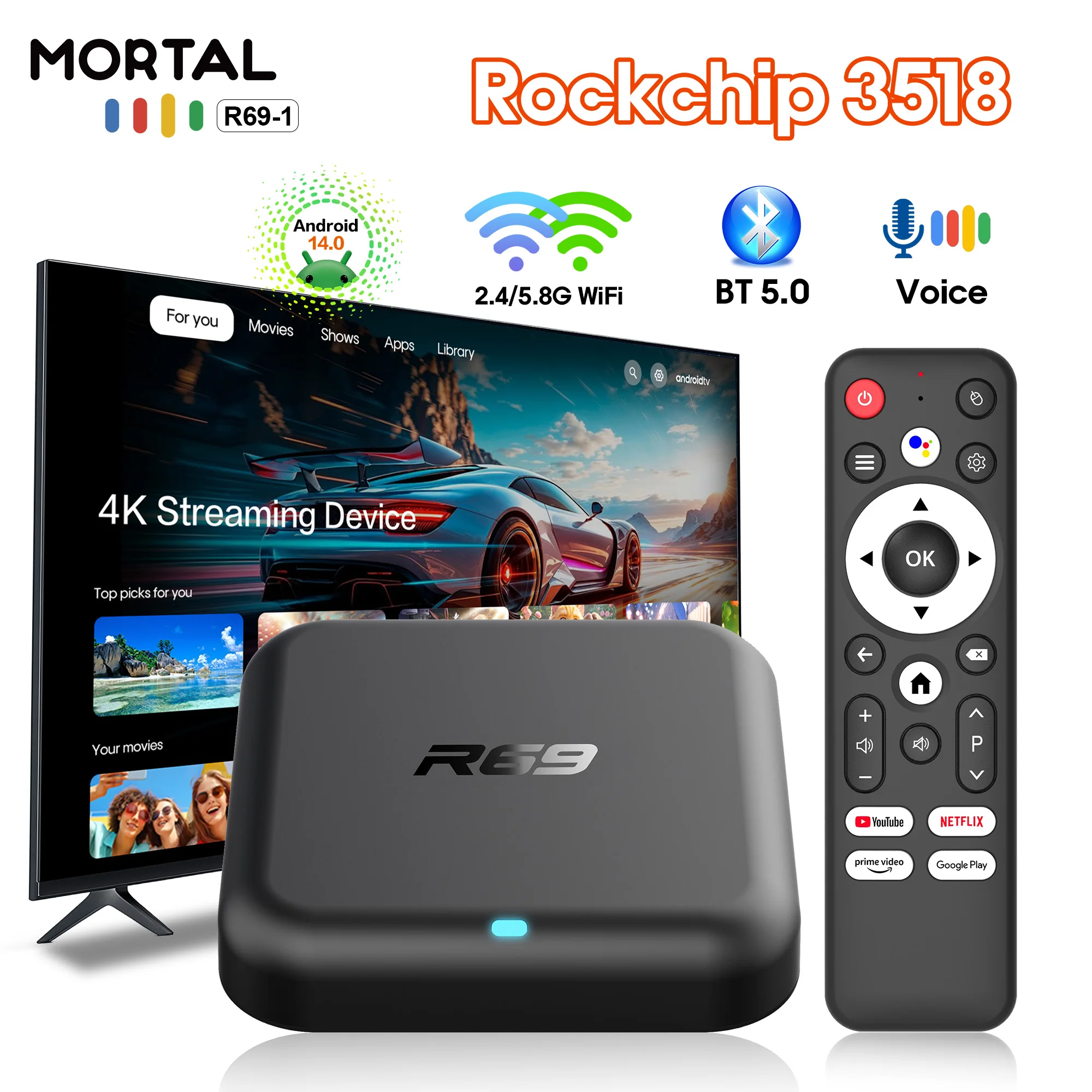 Android 14 TV Box R69-1, Wifi Dual 2.4G/5G, BT5.0, Reproductor Multimedia 4K UHD HDR, 2GB RAM, 16GB ROM, Smart Set Top Box, Entretenimiento en el Hogar