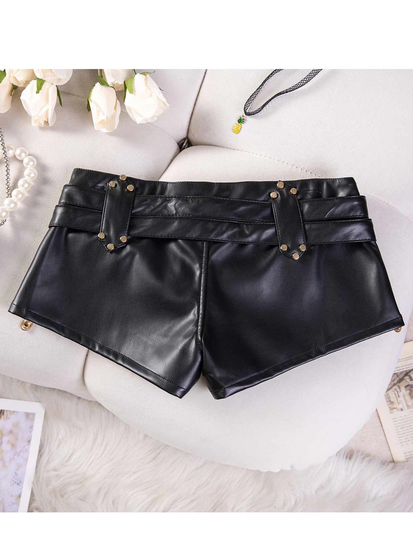 Sexy low rise black PU leather shorts women summer fashion streetwear booty shorts woman clothing club party mini short pants