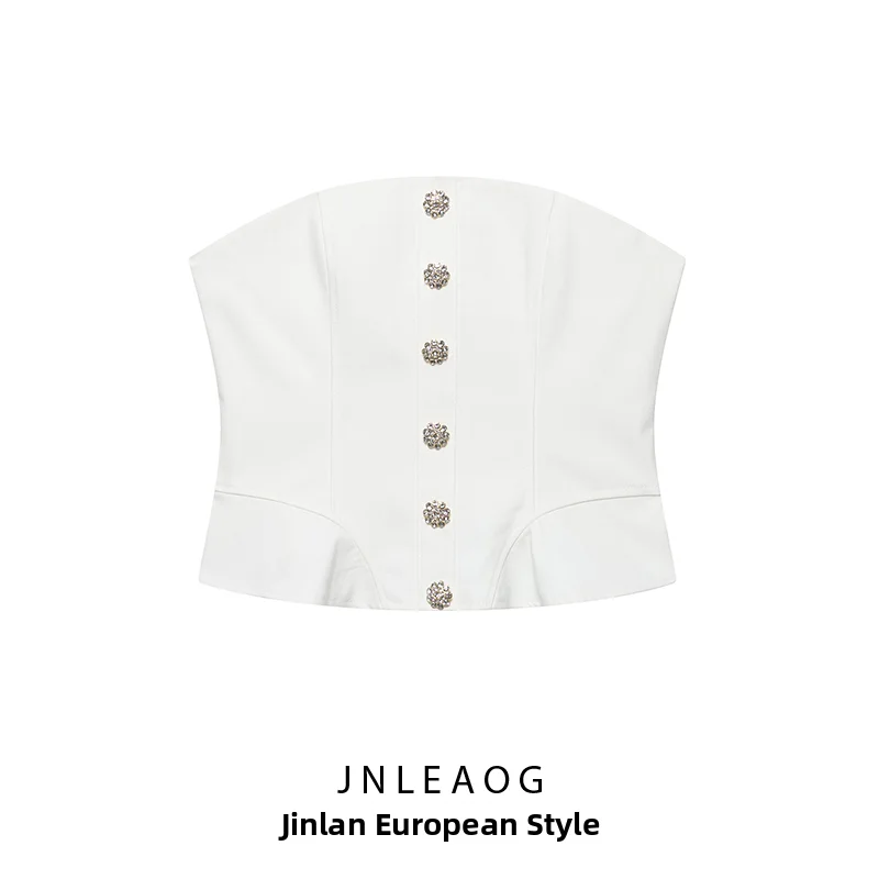 JNLEAOG Summer New Women's Fashionable Multi-Buttoned Ruffle  Wrap Bustier Top Polyester Material Outerwear Polyester Fiber