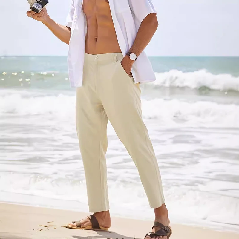 

Брюки мужские прямые однотонные на пуговицах, формальные деловые штаны, повседневные винтажные длинные брюки с эластичным поясом, весна-лето 2024