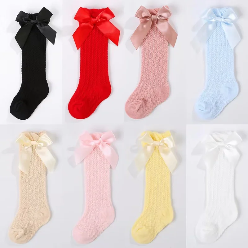 Baby Girl Socks Summer Fall Toddlers Bow Long Sock Kids Knee High Soft Cotton Mesh Bow Decorative Lace Stocking 0-3Year