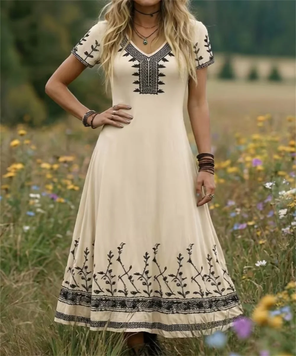 

Ladies' summer new elegant countryside style printed dress V-neck short sleeved loose casual long skirt