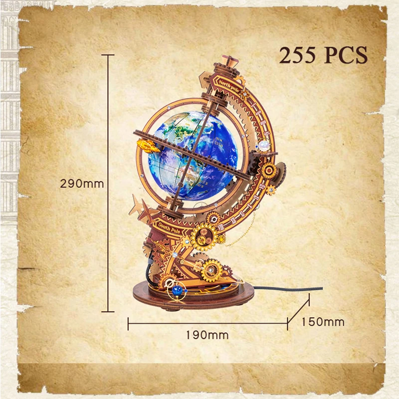 DIY 3D Wooden Metal Puzzle Miniature Model Building Kits Globe Night Light Assembly Jigsaw Puzzles for Girls Birthday Gifts