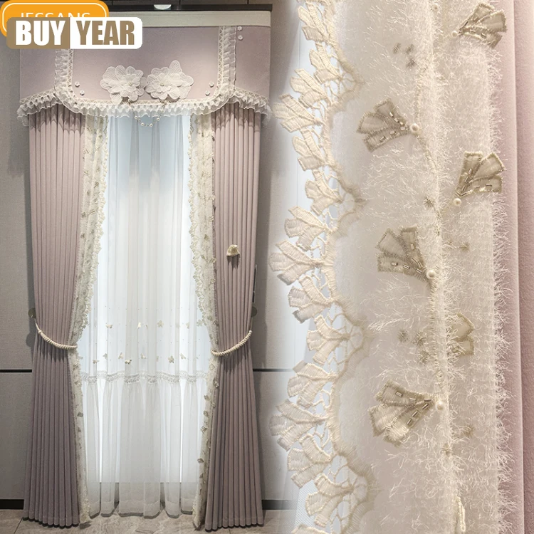 New Embossed Embroidered Window Screen Spliced Purple Chenille Curtains for Bedroom Living Room Bay Window Custom Valance