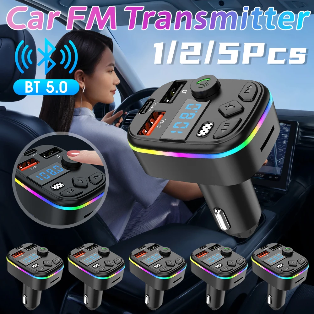 1/2/5PCS Car FM Transmitter Bluetooth 5.0 PD Type-C Dual USB Ambient Player Type-C Wireless Light 18W Handsfree Car MP3 Charger