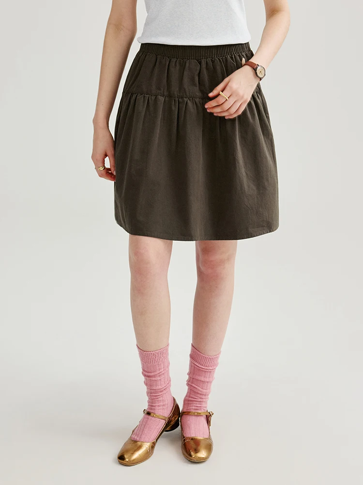 AMUU North Island Retro  Color Elastic Waist Cotton A-Line  Skirt Women's Summer New Folded Half-length Skirt