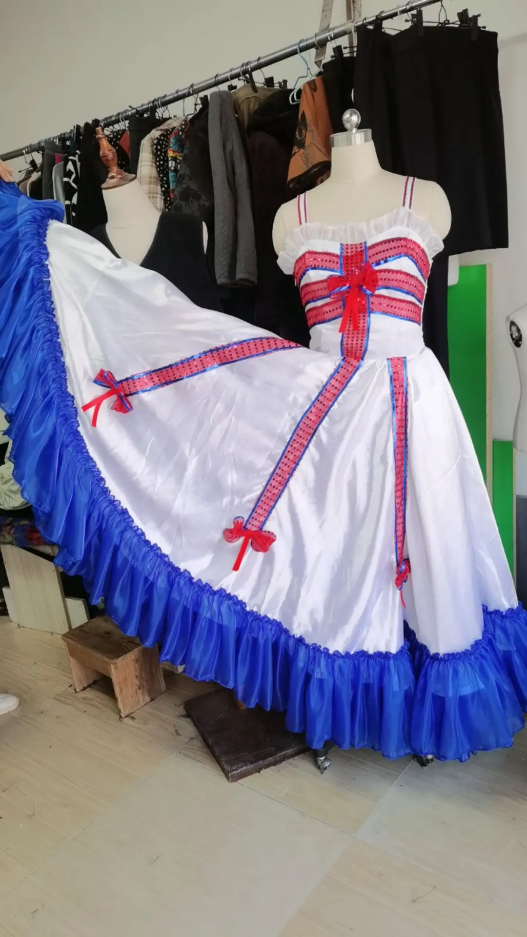 Grand French Kangkang Dance Dress Swing Sequin Skirt White Blue Red Three Color