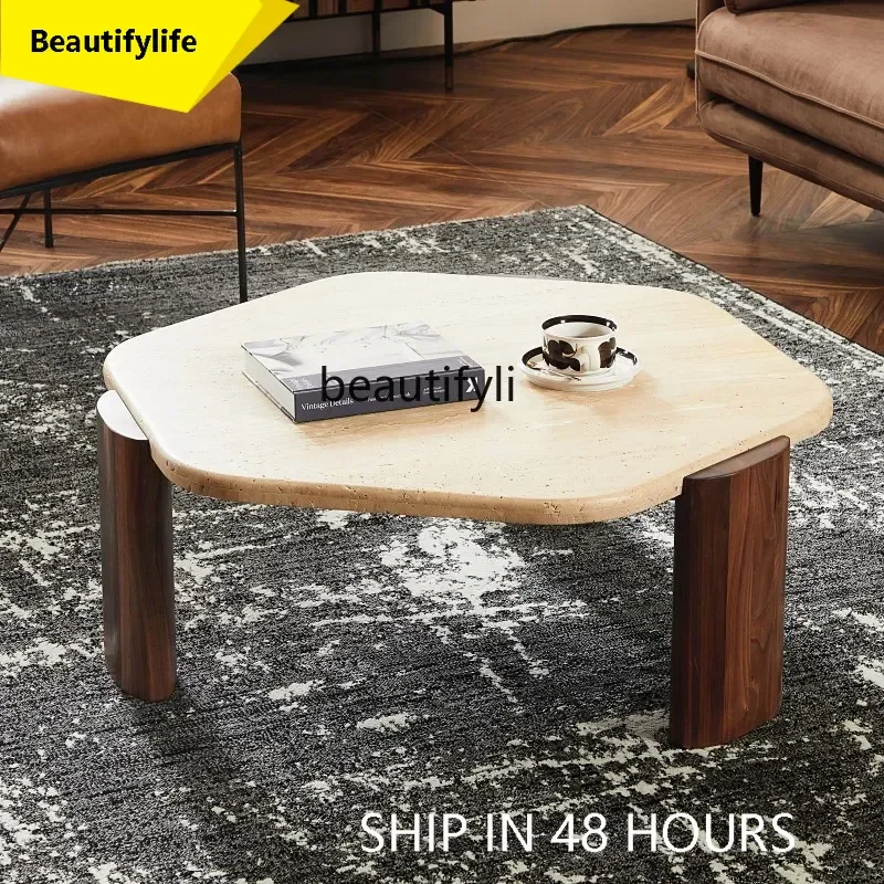 

53 Nordic designer creative special-shaped travertine coffee table simple black walnut solid wood coffee table