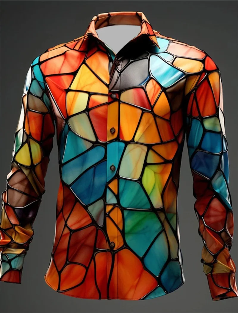 Colorful Block Abstract Graphic Long Sleeve Shirts For Men Full Print Turndown Collar Button Up Oversized Tee Shirts Men Clothes