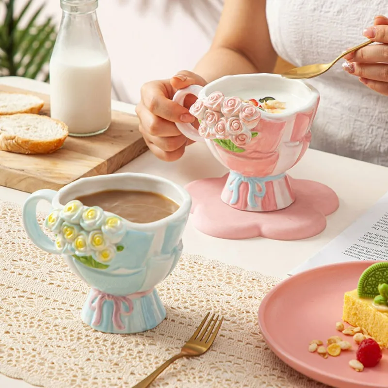 

Hand-painted Three-dimensional Relief Tulip Ceramic Coffee Cup Cartoon Bouquet Mugs Birthday Present Tulip Cup Afternoon Tea